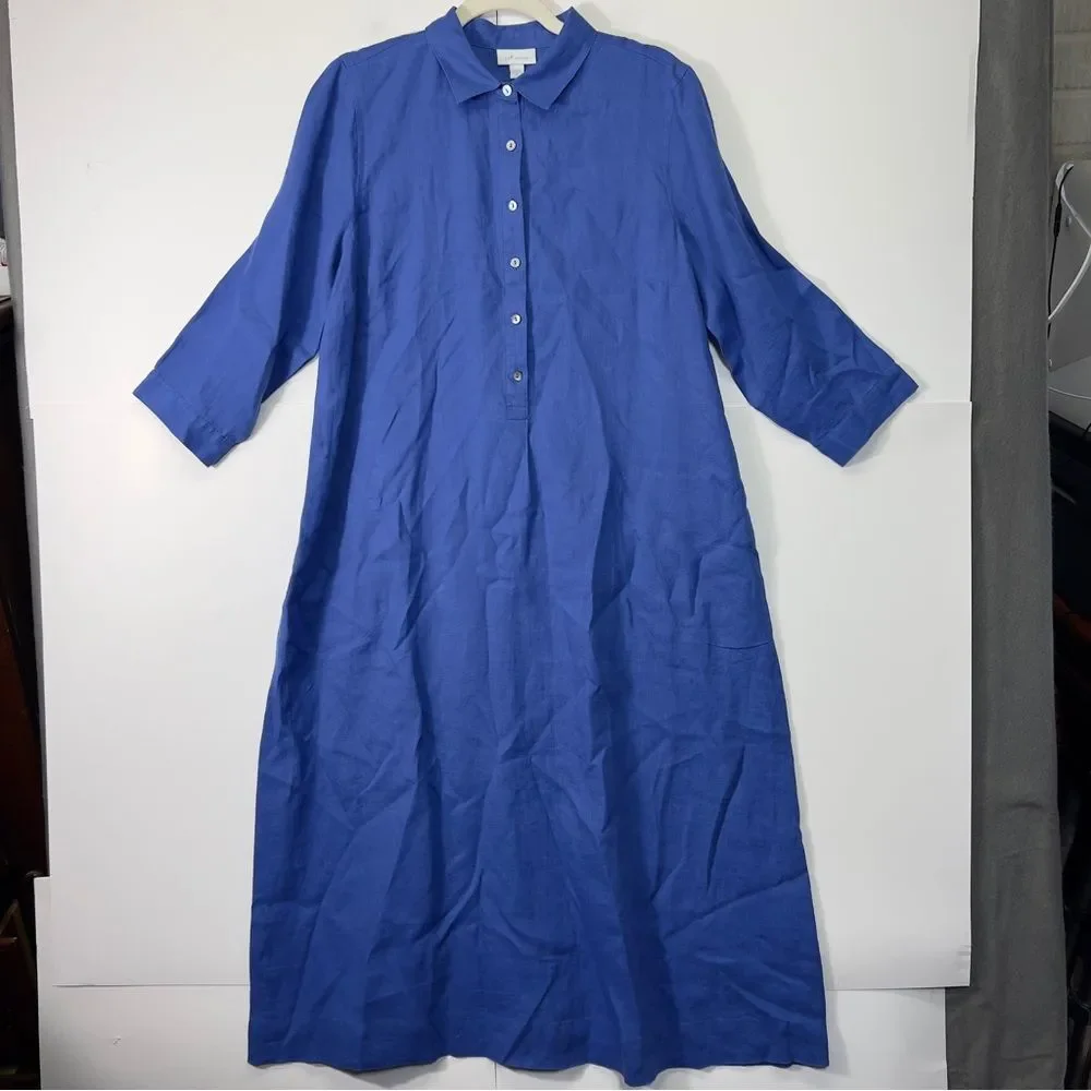 NWT Medium J. JILL Linen Midi Shirt Dress Amalfi Coast Blue - Picture 2 of 10